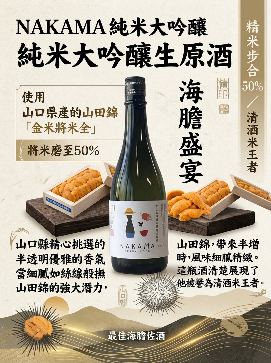 NAKAMA 純米大吟釀無濾過生原酒 720ml x 日本100g海膽set 原價HKD700現 只售 550元