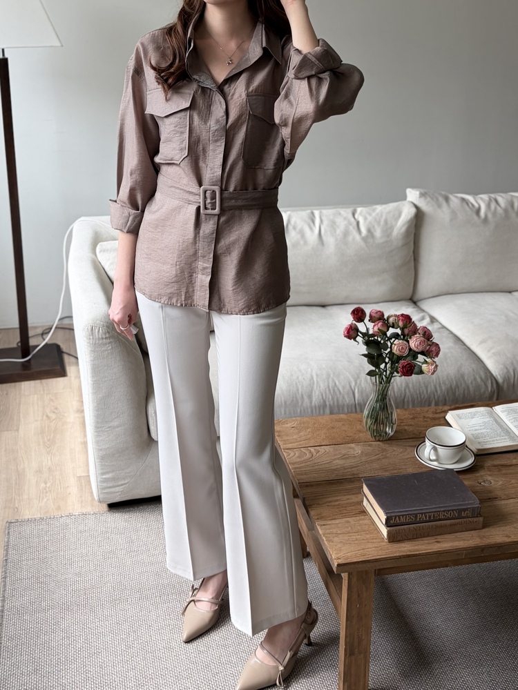 Feminine Belted Pocket Blouse (Brown)