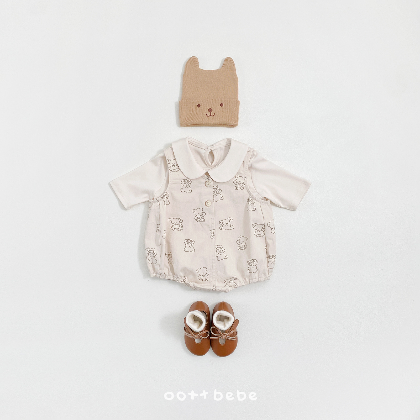 🌸預訂 韓國直送🌸🇰🇷OOTTBEBE兩色小熊滿印牛仔斜紋布背心包屁衣