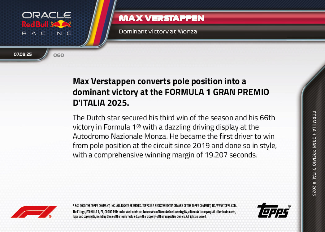 Max Verstappen - 2025 F1 Topps NOW® #60 Italian GP 極速贏車卡｜PR 3,387
