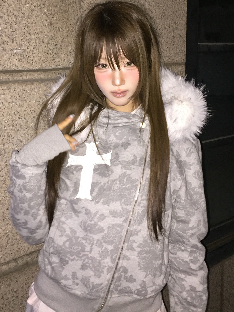 GT FUR UNBALANCE HOOD ZIP UP(GRAY)