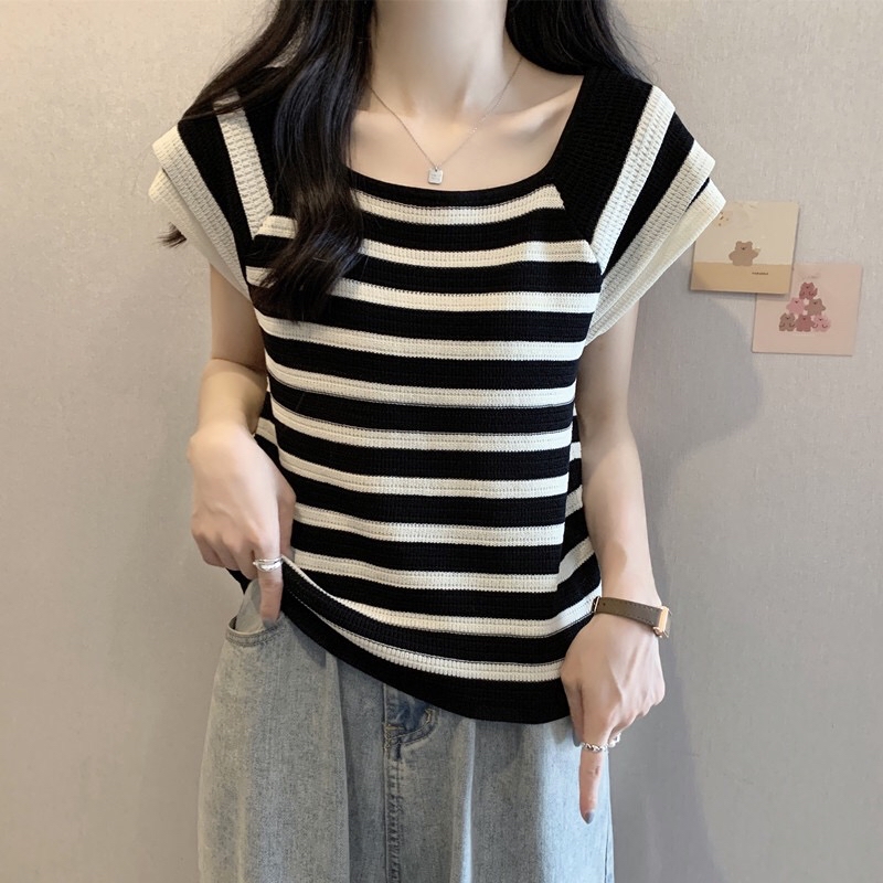 B37(880) 韩版气质横条纹拼接双层飞飞袖黑杏针织上衣