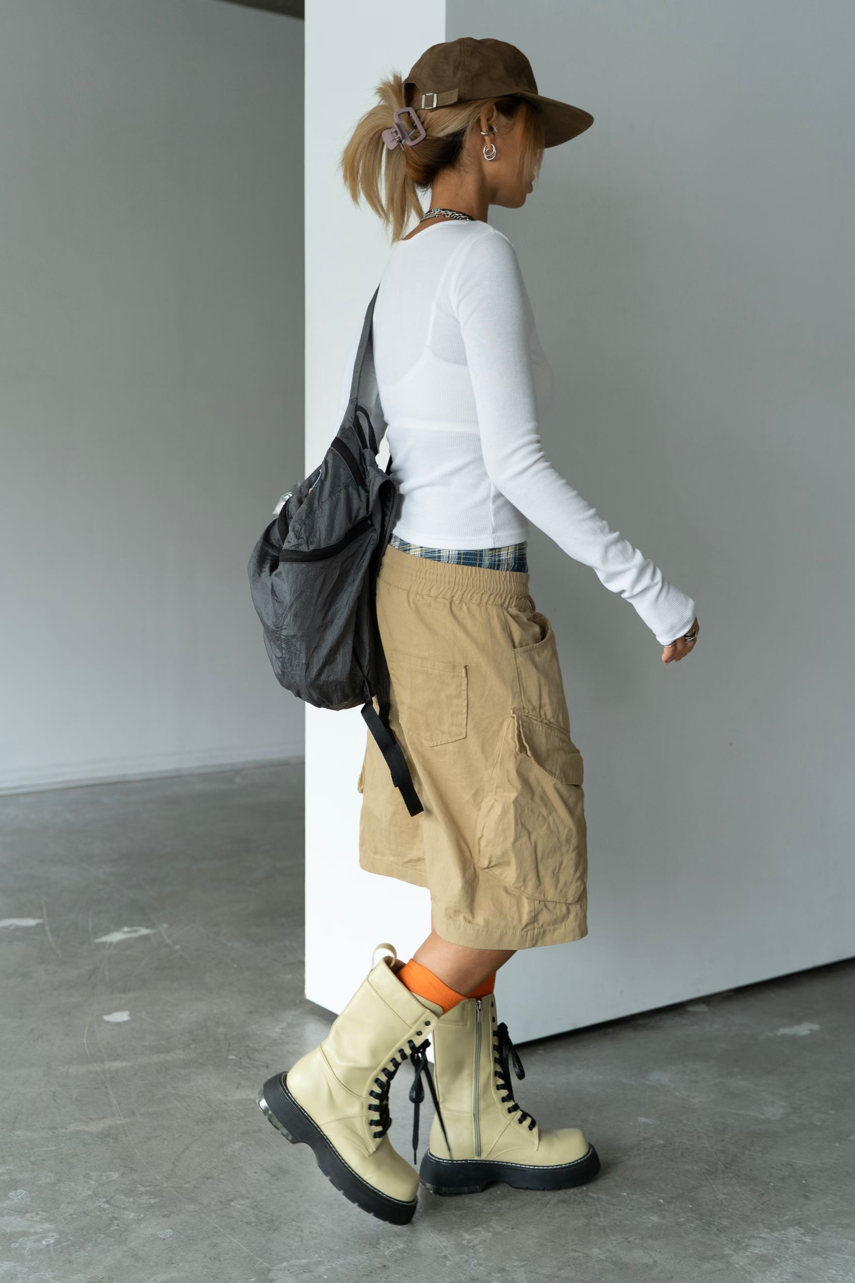 橡筋腰斜布工裝短裙