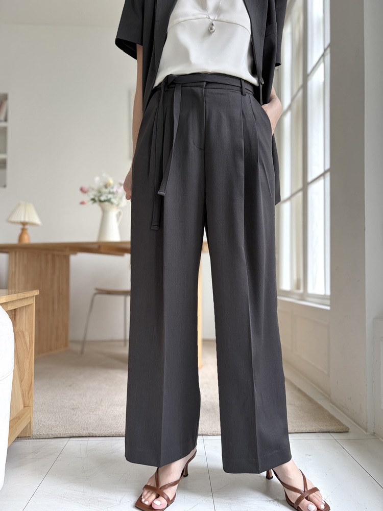 Aveline Belted Straight Slacks (Charcoal)