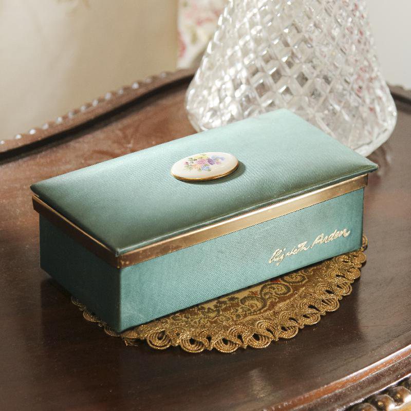 Elizabeth Arden Emerald Green Satin Box with Floral Porcelain from Germany(RU012)