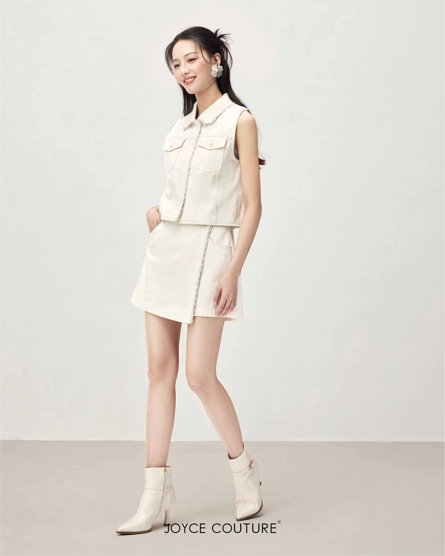 珍珠点缀套装牛仔裤裙 S0098