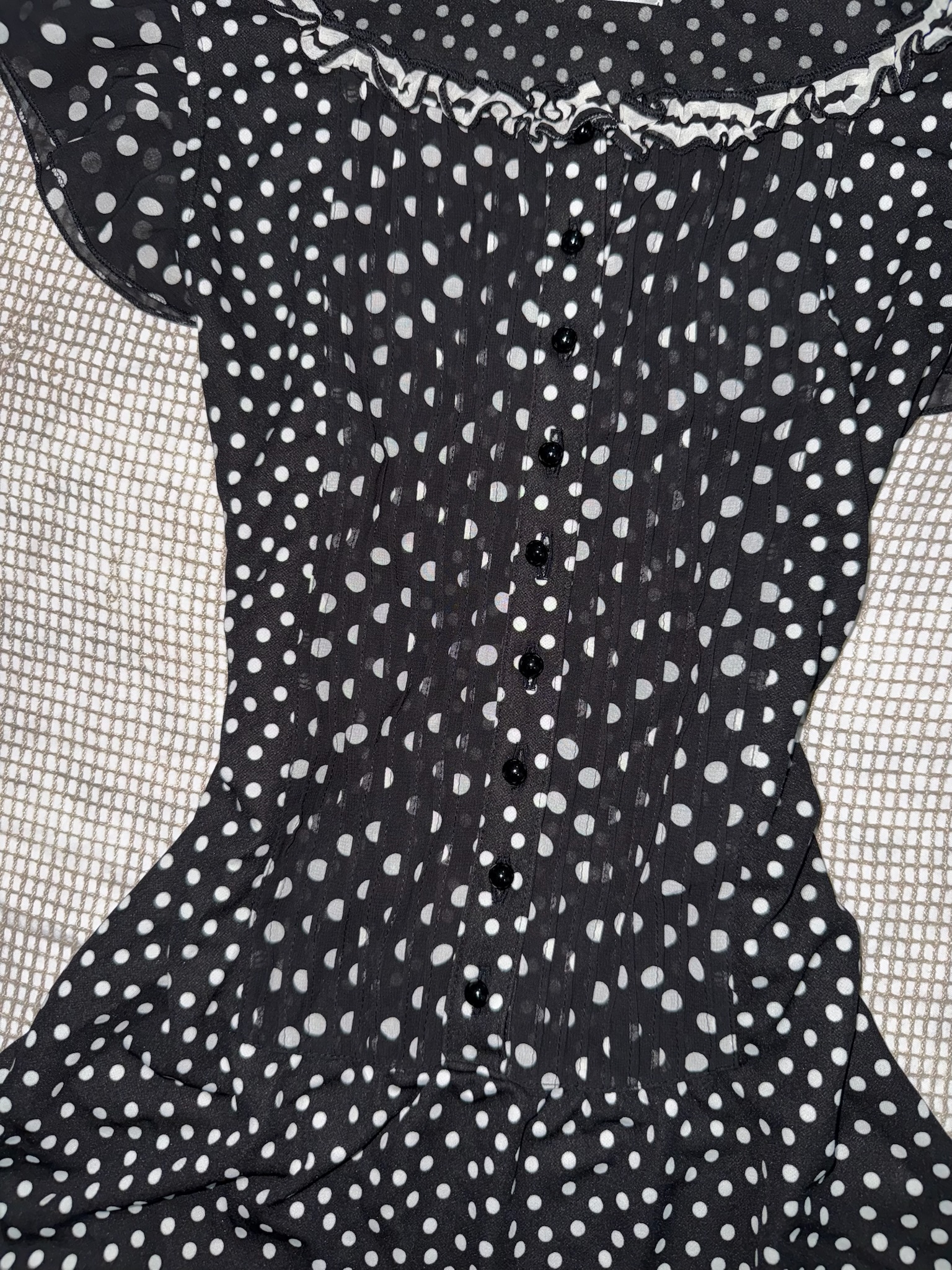 Retro Dot Print Smocked Waist Chiffon Blouse
