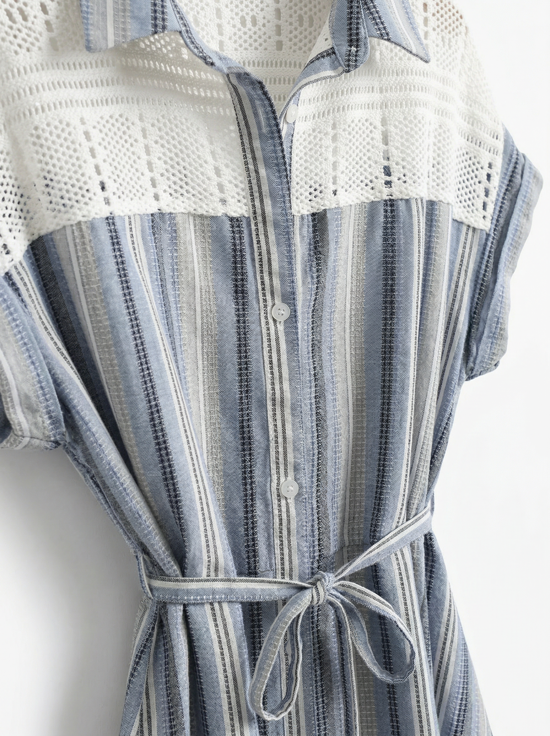 藍白條紋蕾絲拼接襯衫連衣裙