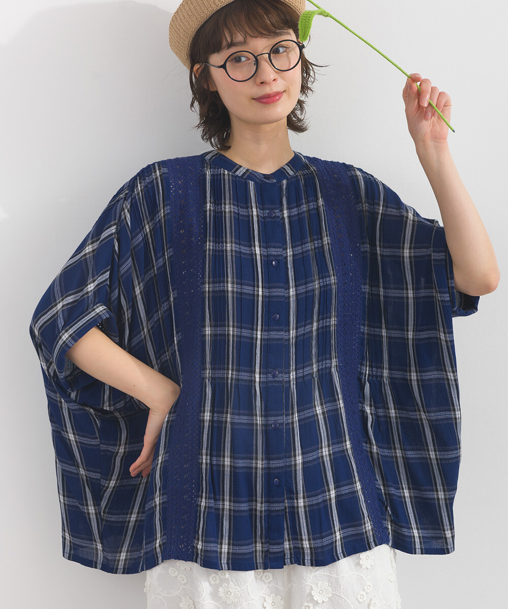 LP - 人造絲縐紗襯衫 (藍色格紋)