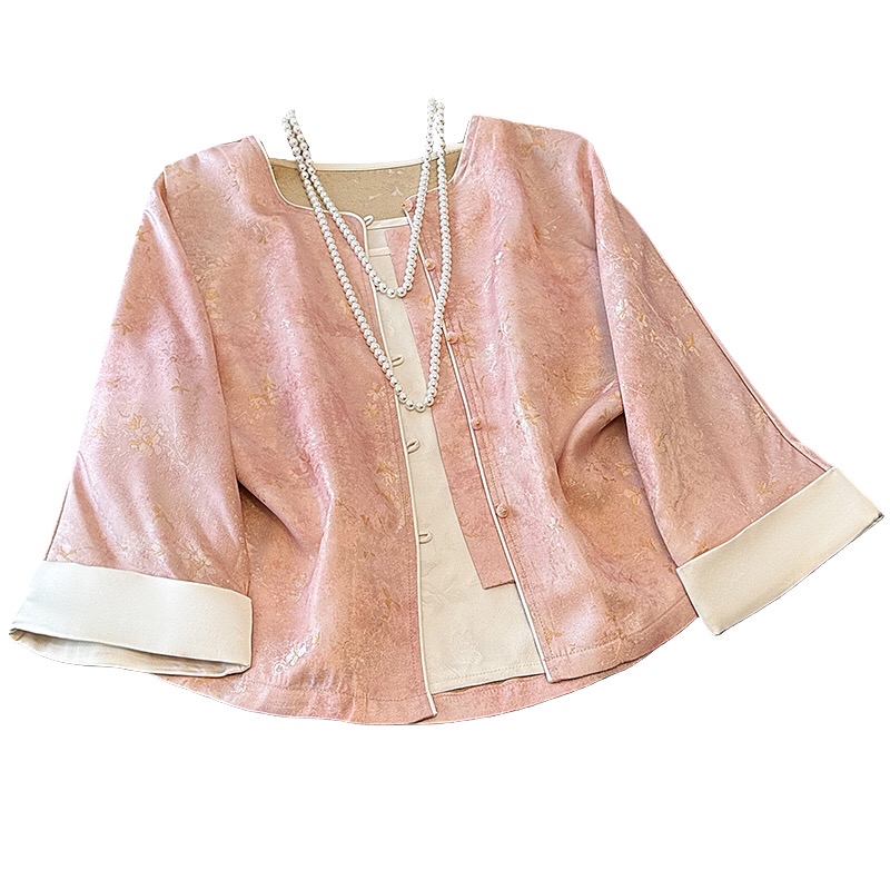 B138(0948) 新中式民族风人丝古典碎花提花卷边袖粉香槟外套上衣