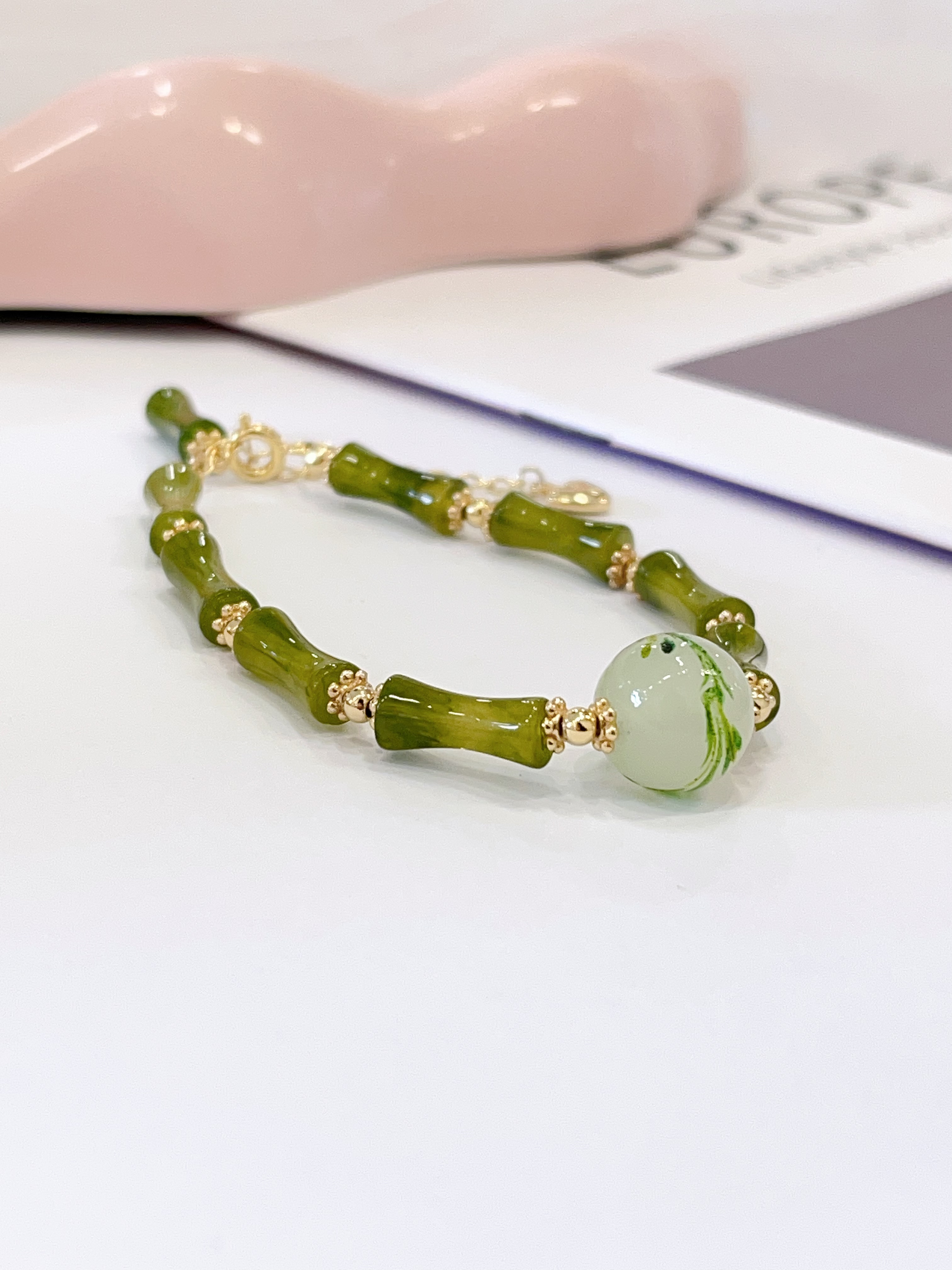 🎋🌿 绿竹节 × 凤尾花手串 Green Bamboo Joint & Phoenix Tail Flower Bracelet | 12mm