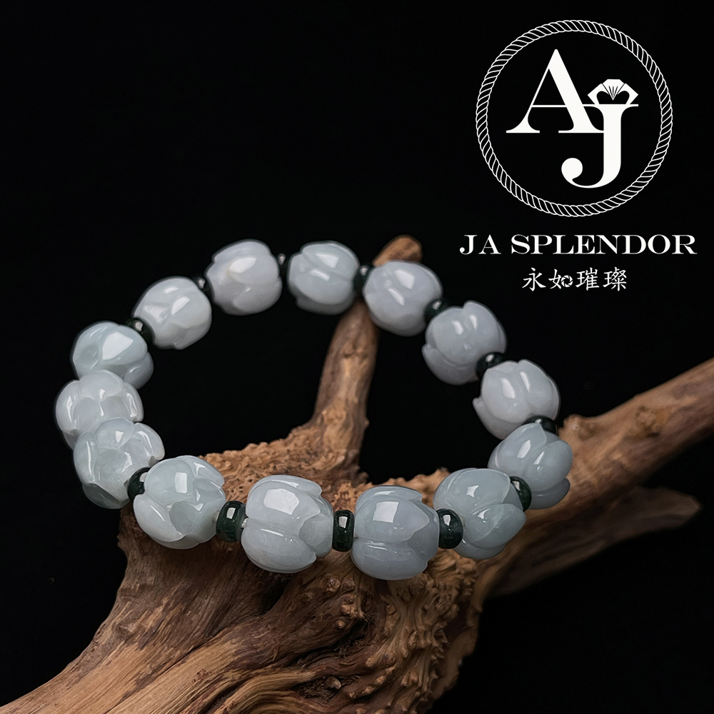 JB-257- 膠潤晴水藍綠色清心定神/年年有餘蓮花手串