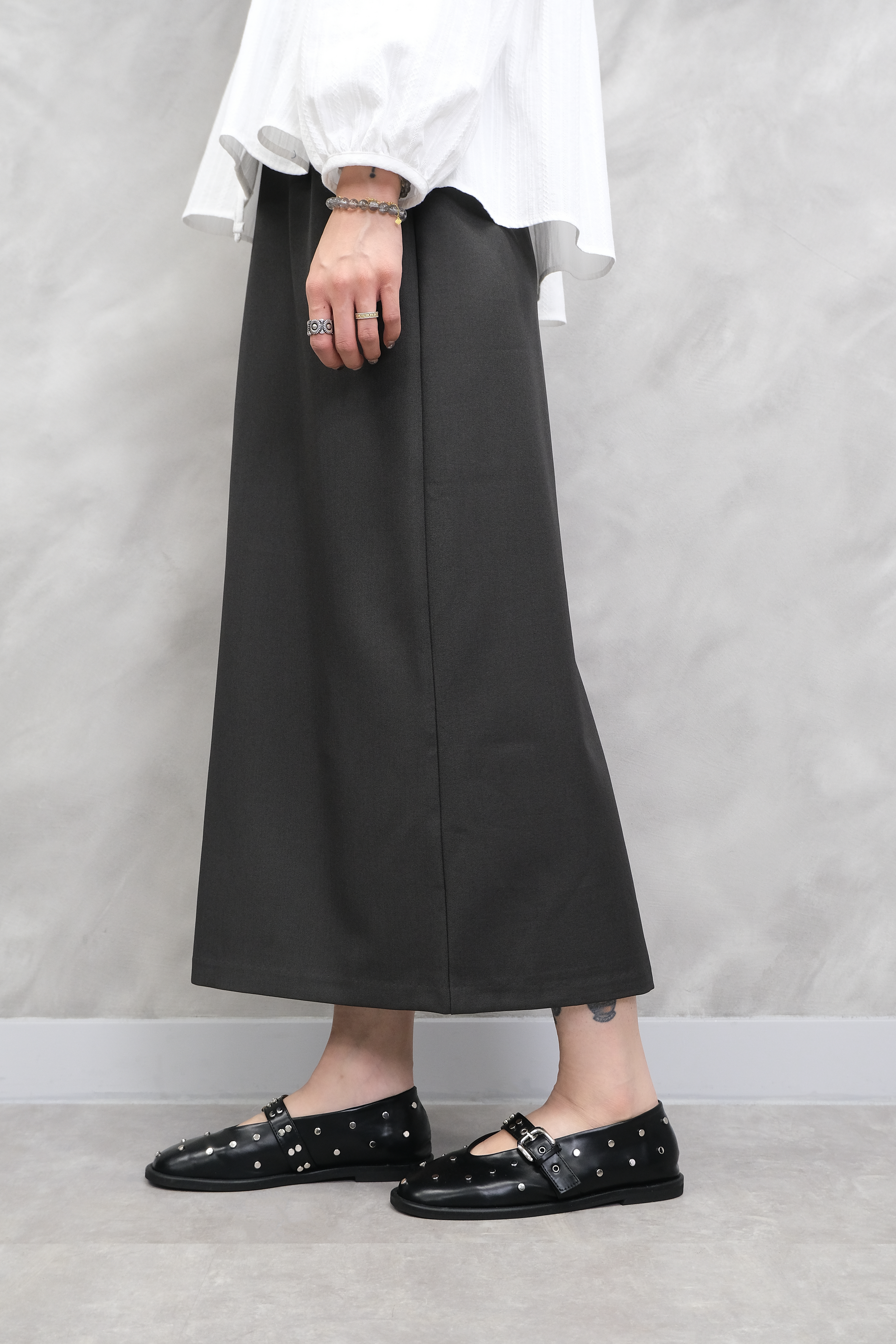 Metal Stud High-Waist Midi Skirt #sk51