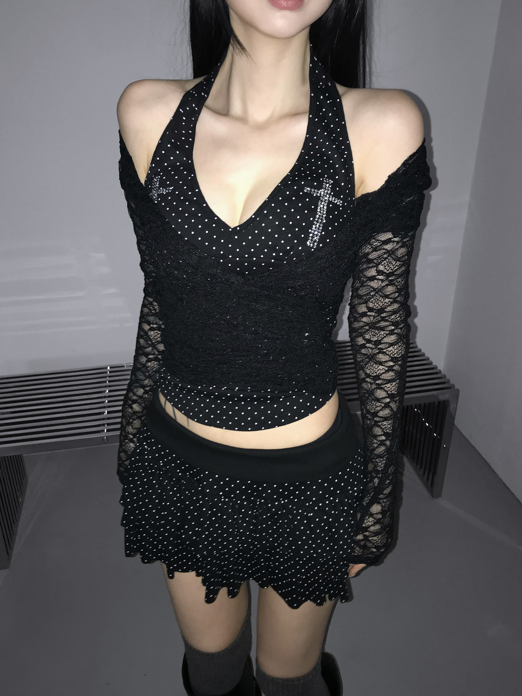 Rhinestone Cross Polka Dot Halter Top