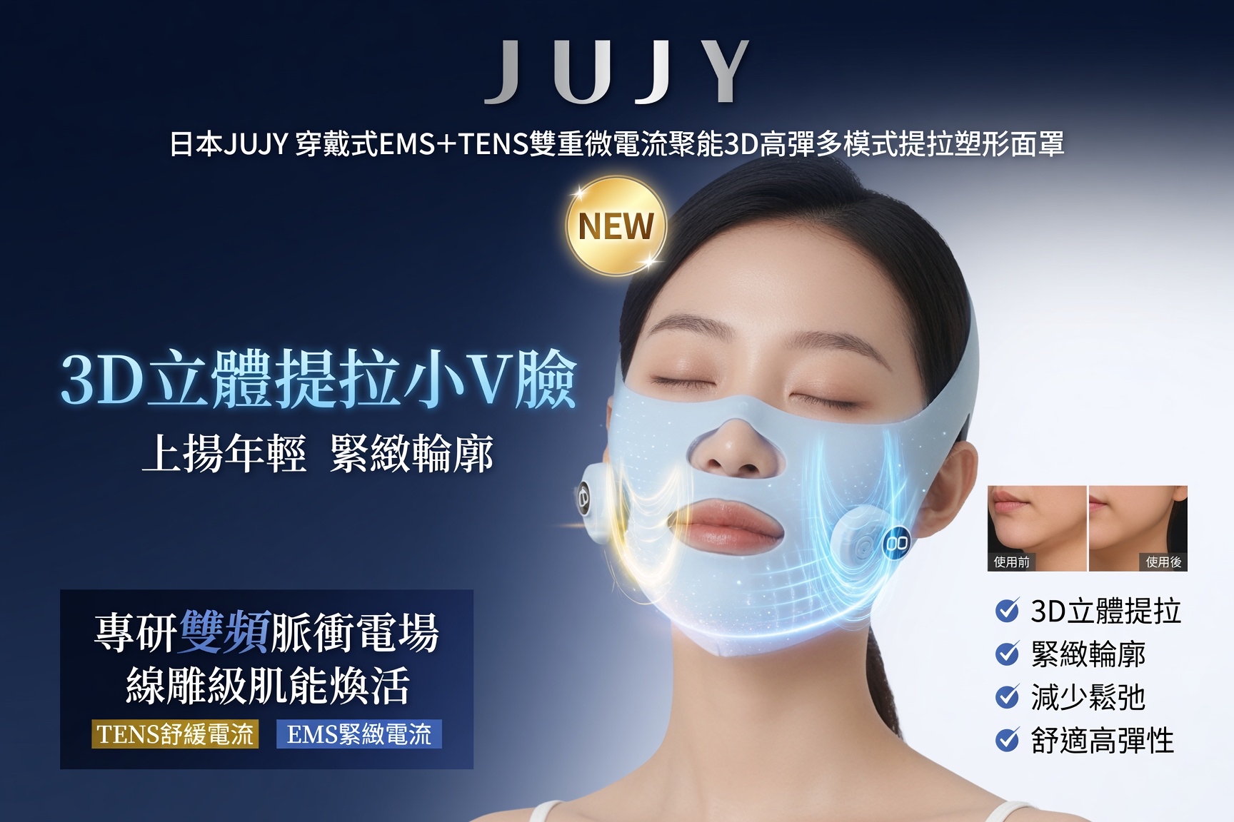 【全新上市】  日本JUJY 穿戴式EMS＋TENS雙重微電流聚能3D高彈多模式提拉塑形面罩