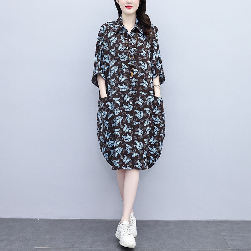 B170(2555) 韩版洋气艺术蓝叶翻领咖衬衫连身裙