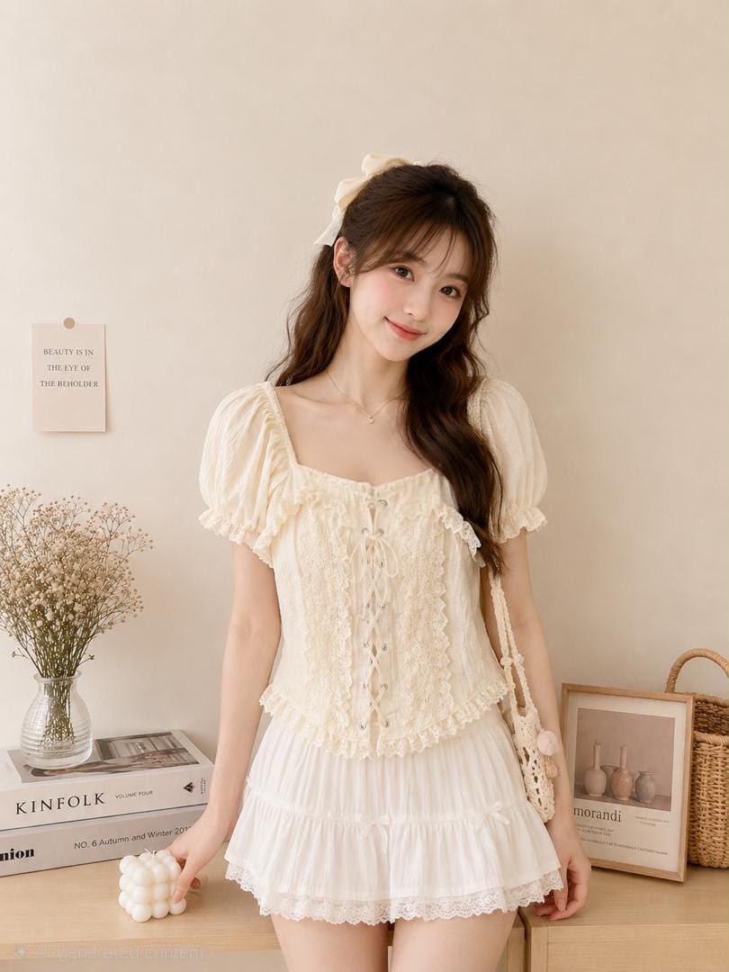 A012302 Korean Sweet Puff Sleeve Crop Top