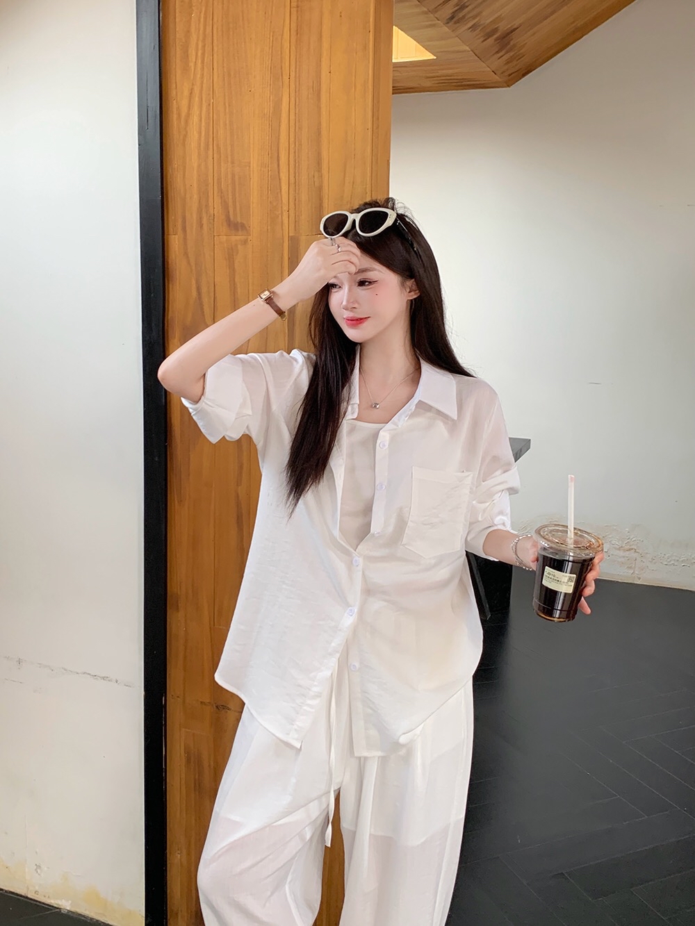 B277(3351) 气质慵懒老钱风翻领前排钮衬衫与长裤3色套装