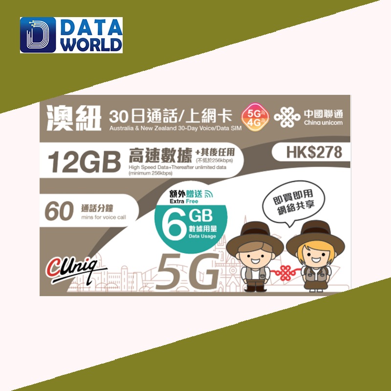 中國聯通 4G/5G $278 澳洲及紐西蘭30日無限上網卡+60分鐘通話