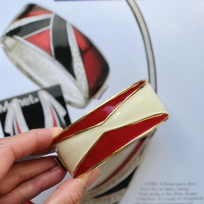 C.a. 1980s Monet Red X Ivory Geometric Enamel Jewelry New Old Stock- Bangle Bracelet (MT1622)