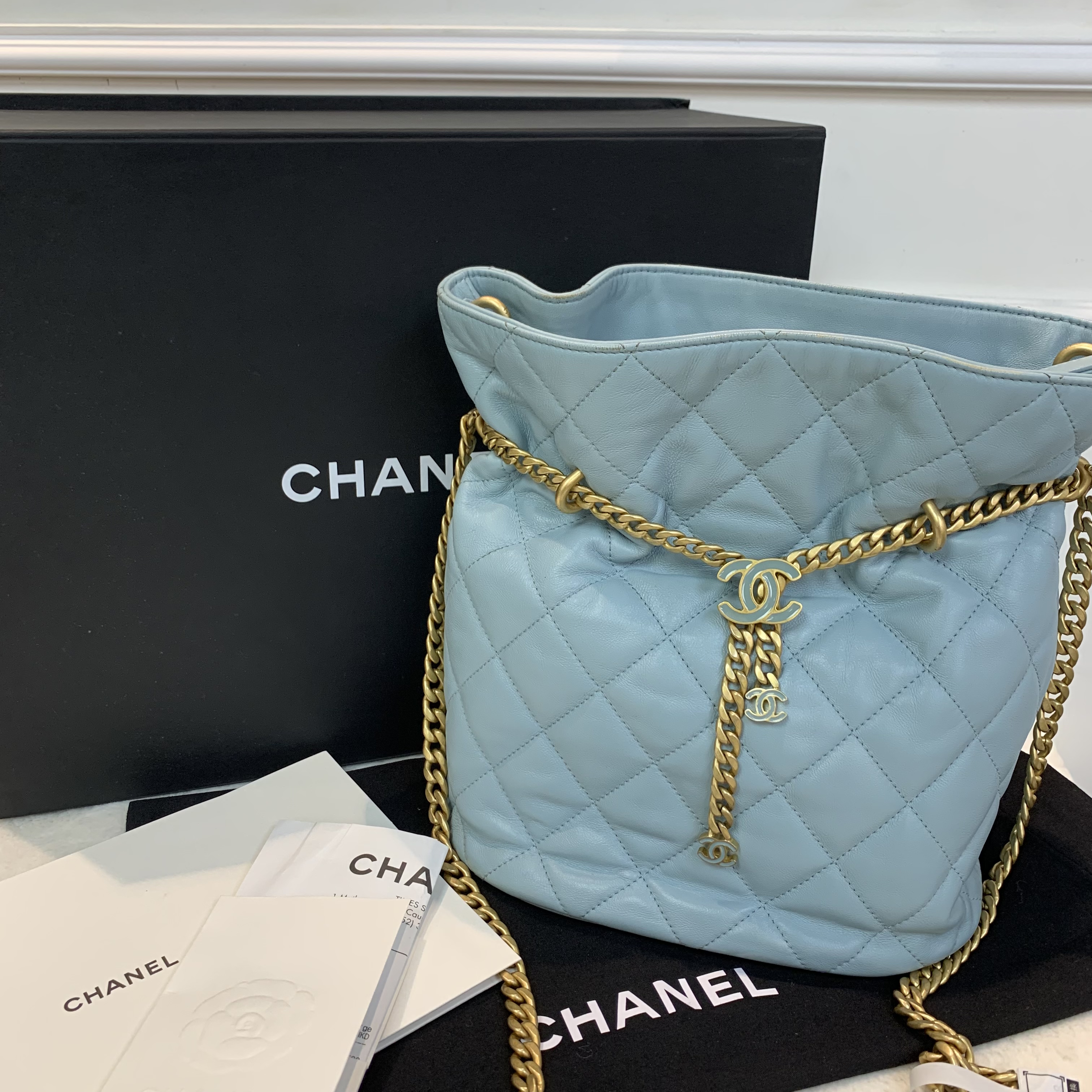 Chanel Quilted Lambskin Bucket Bag Babyblue🩵水桶包