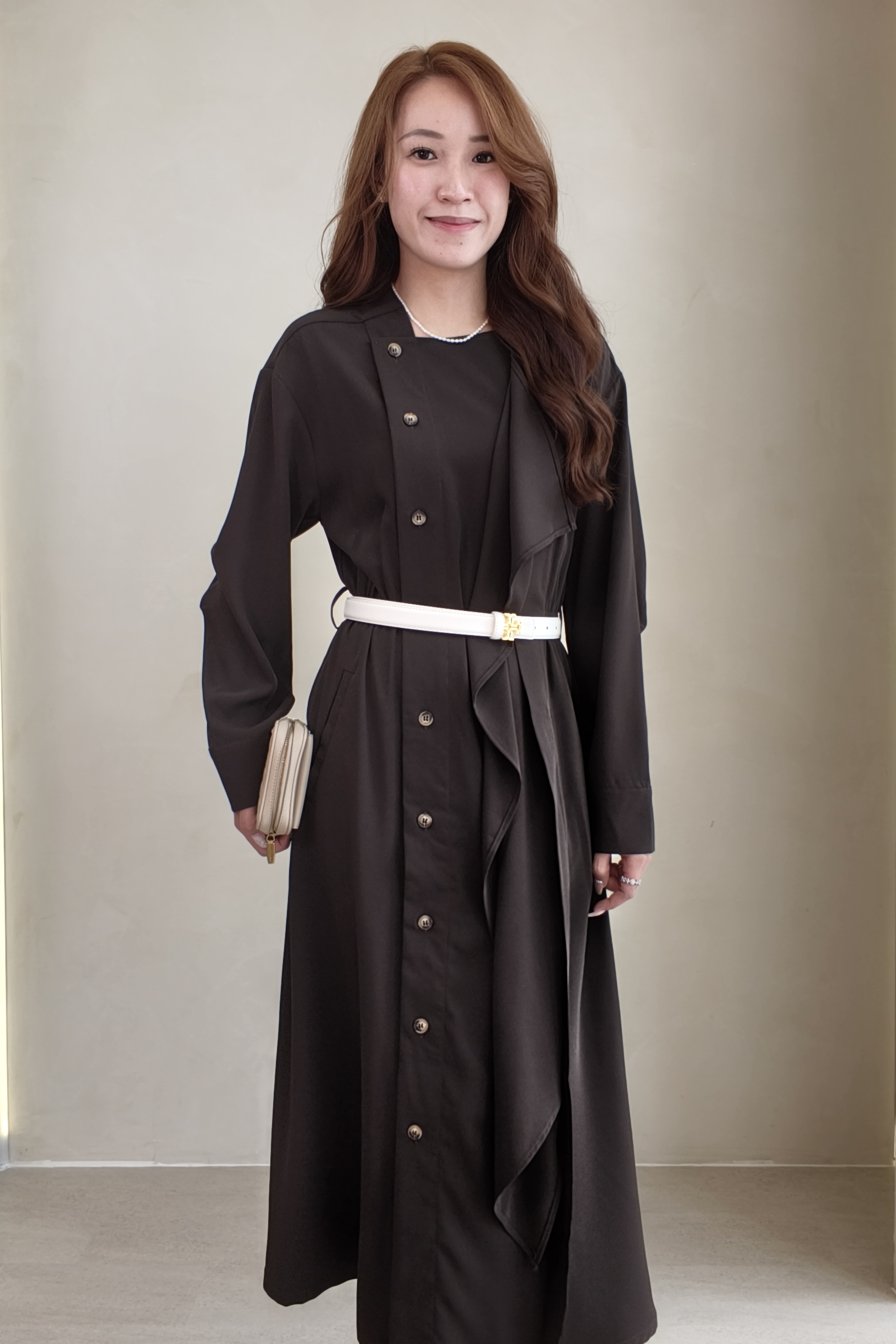 CD2092 Elegant Asymmetrical Button Tie-Waist Midi Dress