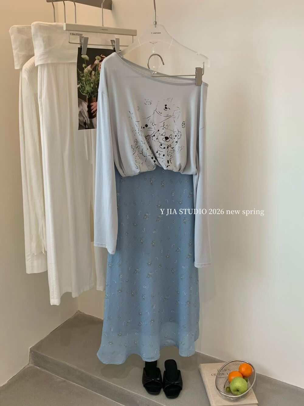1745 Blue Floral Kitty Casual Set Freesize 清新蓝碎花Kitty休闲两件套