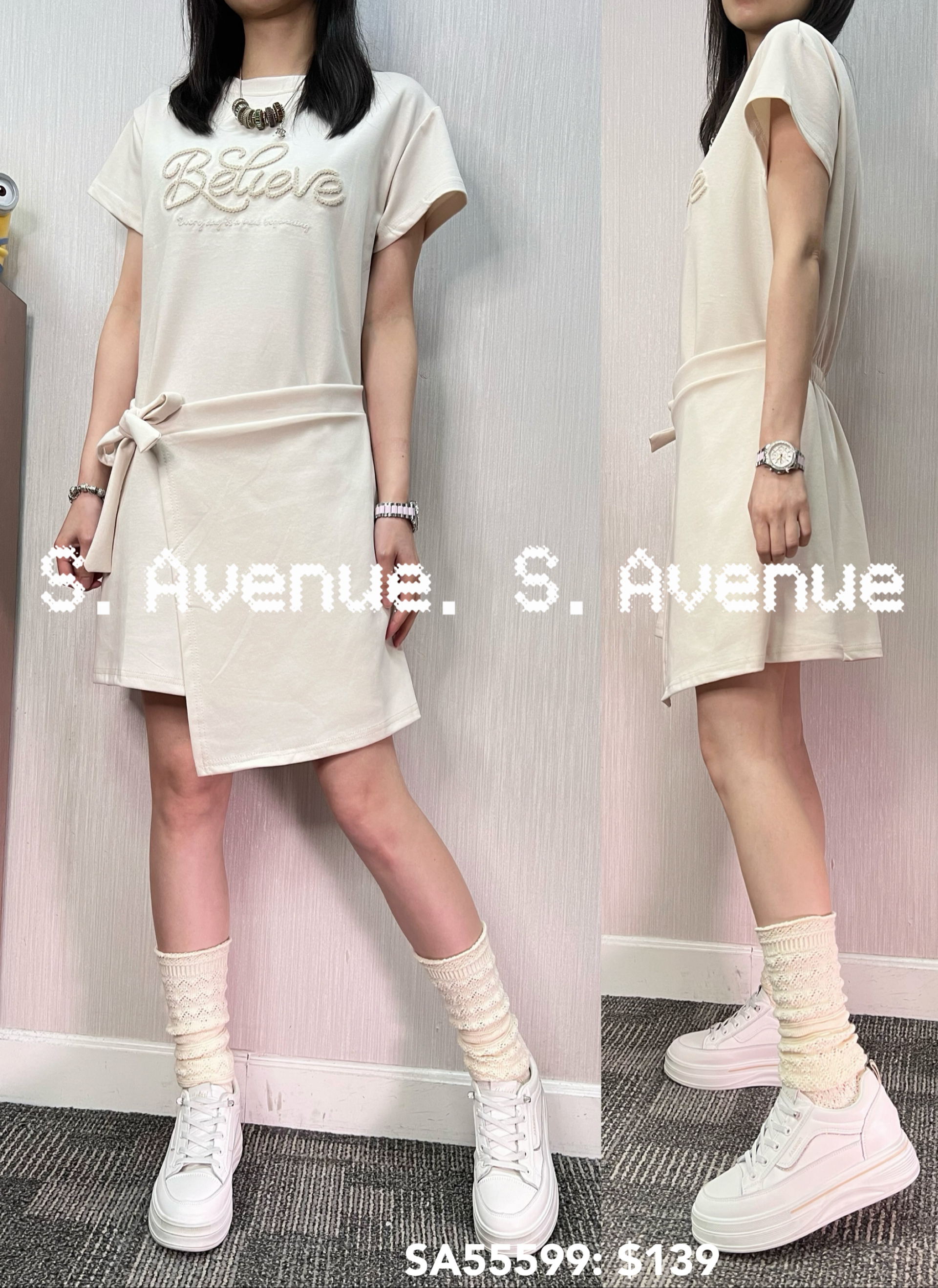 SA55599: 短袖繡Believe前打結不規則op