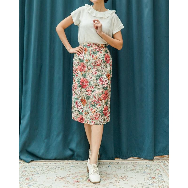 Vintage Japanese Artistic Large Summer Floral Pattern Straight Skirt/Pencil Skirt- Waist 24.5~27"(MT1606-2)