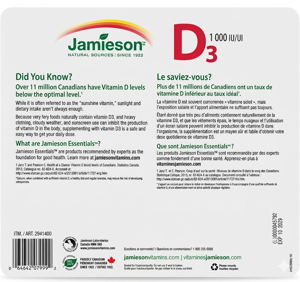 Jamieson 維他命D3（1000 IU)  375粒 2瓶裝）