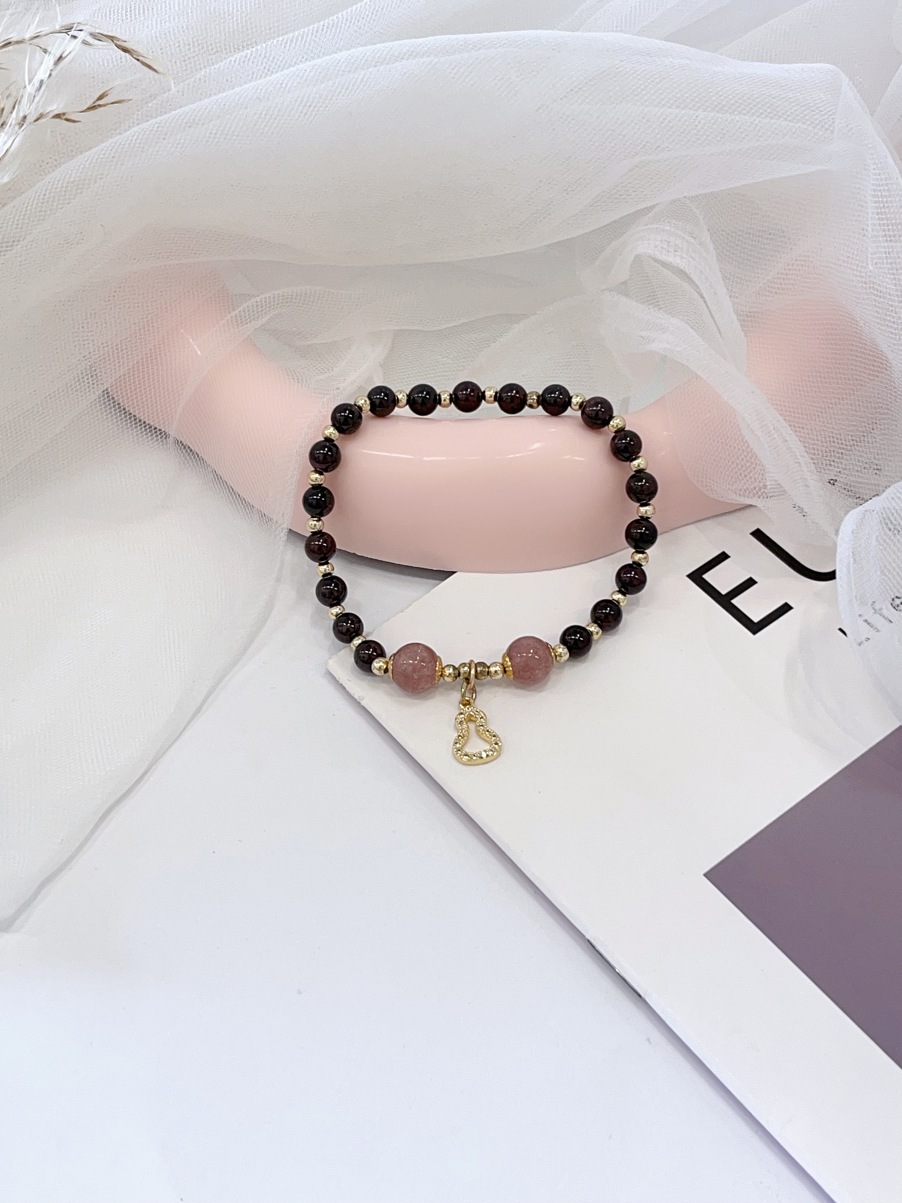 🍓🖤 草莓晶 × 黑曜石 × 葫芦吊坠手串 Strawberry Quartz, Obsidian & Gourd Charm