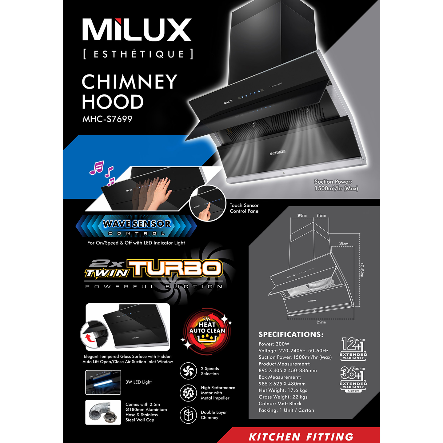 Milux 1500m³/hr Esthetique Chimney Hood (MHC-S7699)