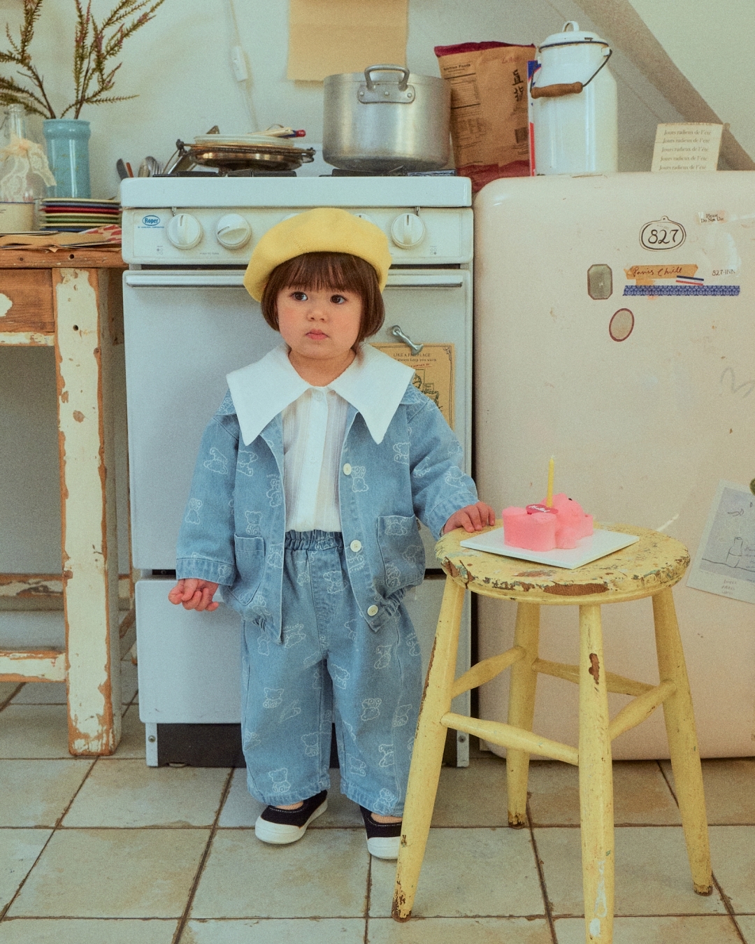 🌸預訂 韓國直送🌸🇰🇷OOTTBEBE兩色小熊滿印斜紋布牛仔外套