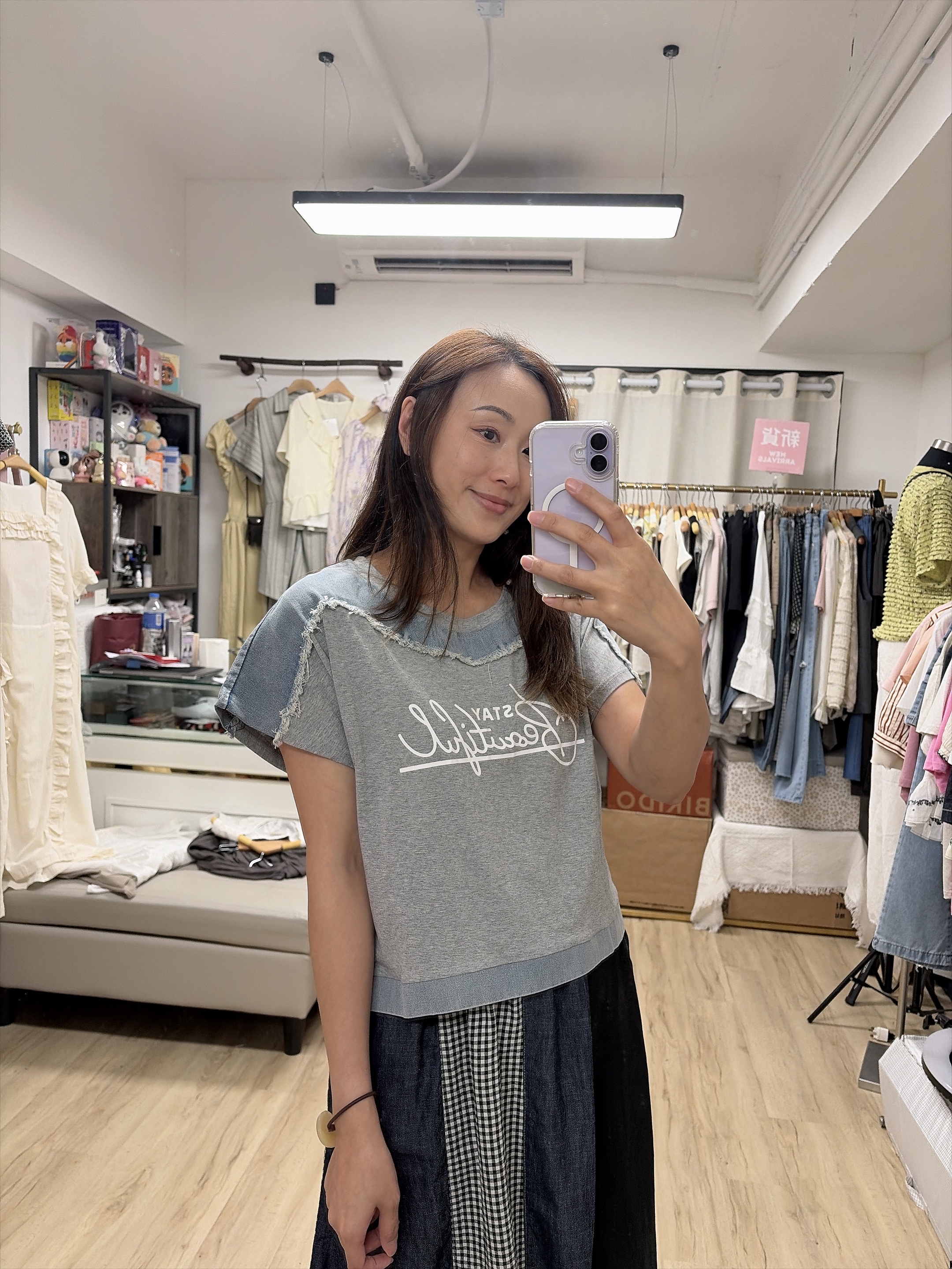 淺牛仔拼灰色tee 