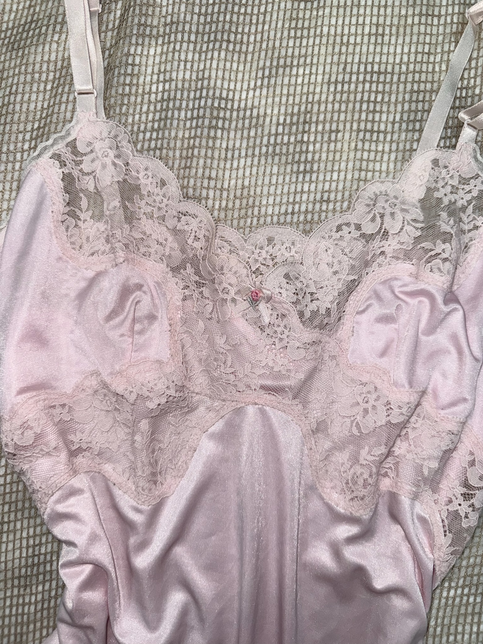 Baby Pink Satin Camisole with Sheer Floral Lace and Rose Bud Detail