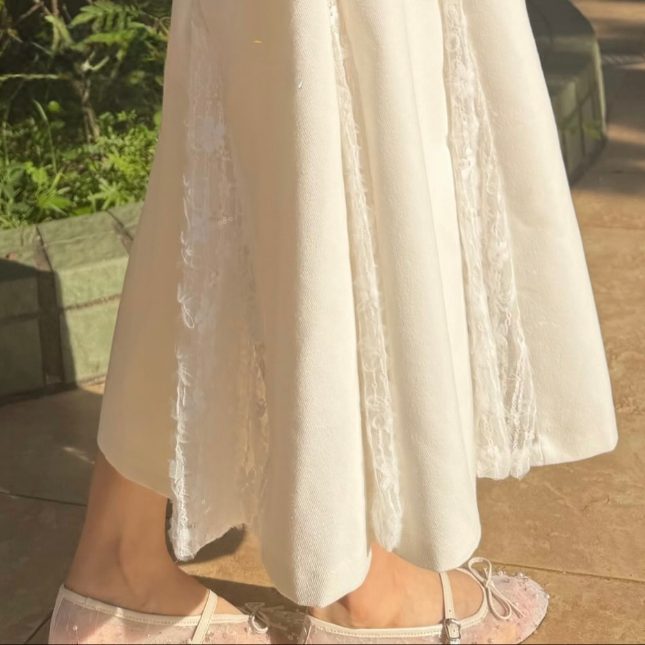 #HANNA-made# Lace Paneled Denim Skirt