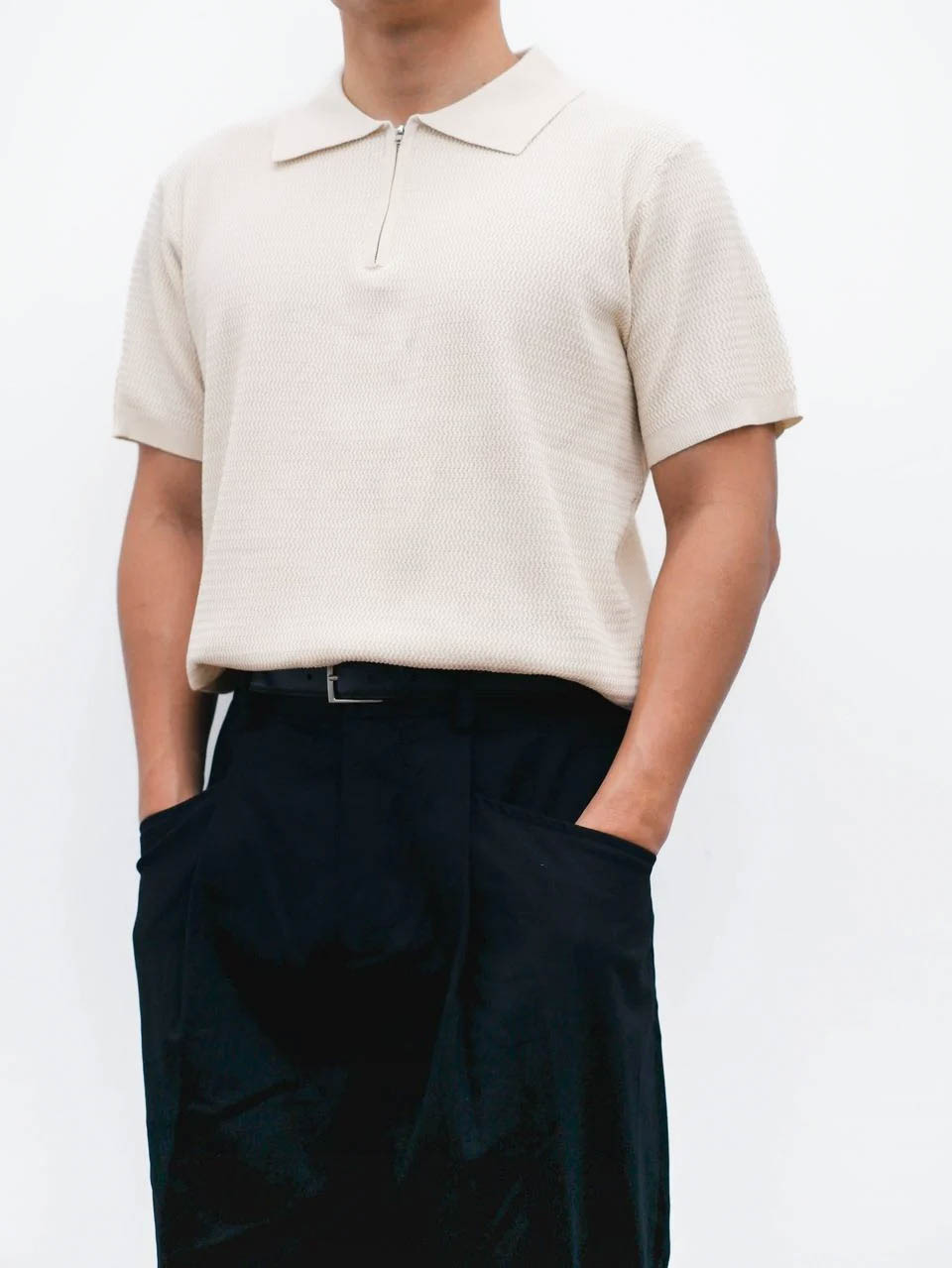 Beige Zipper Knit Polo 