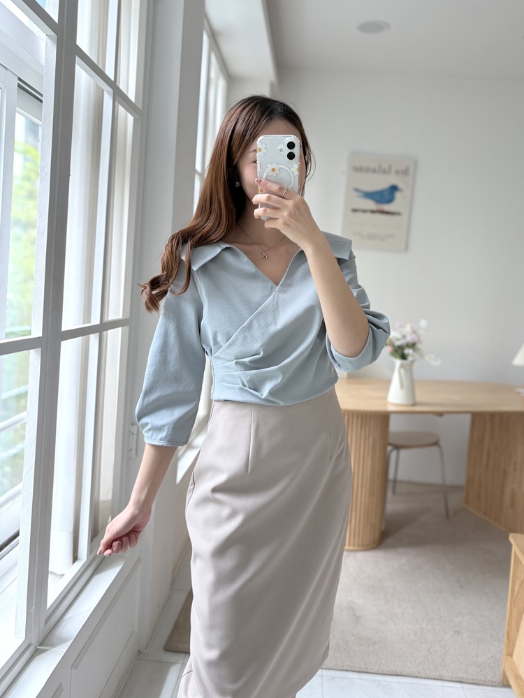 Camelia Wrap Collar Blouse (Blue)