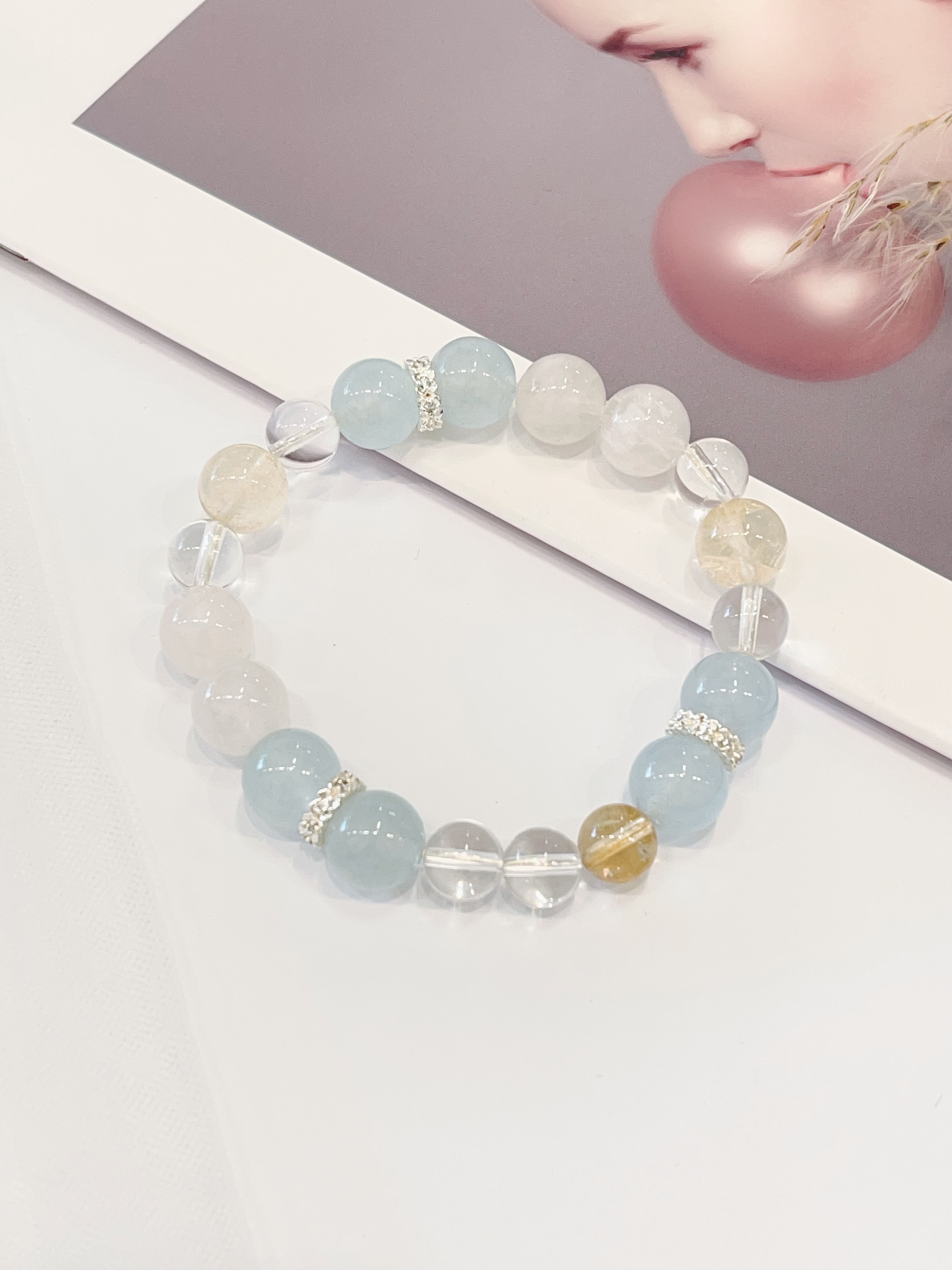 🌊 海蓝宝 × 白幽灵 × 黄发晶 × 白水晶手串 Aquamarine & White Phantom Quartz & Golden Rutilated Quartz & Clear Quartz