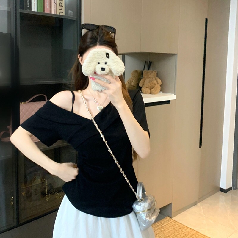 B133(A1813) 韩系爆款纯欲风交叉折边领单边露肩吊带5色上衣