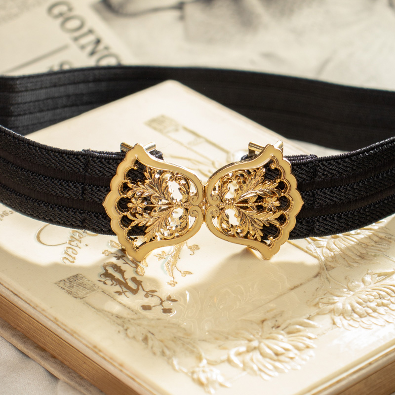 Vintage Japanese Floral Cut Out Ribbon Shape Belt Buckle Elastic Belt (E011 x K008)
