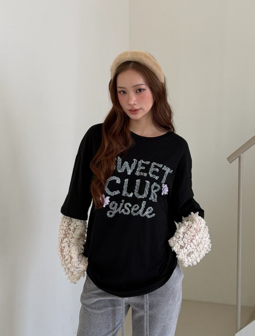 221686 “SWEET CLUB  gisele” 假兩件lace袖tee
