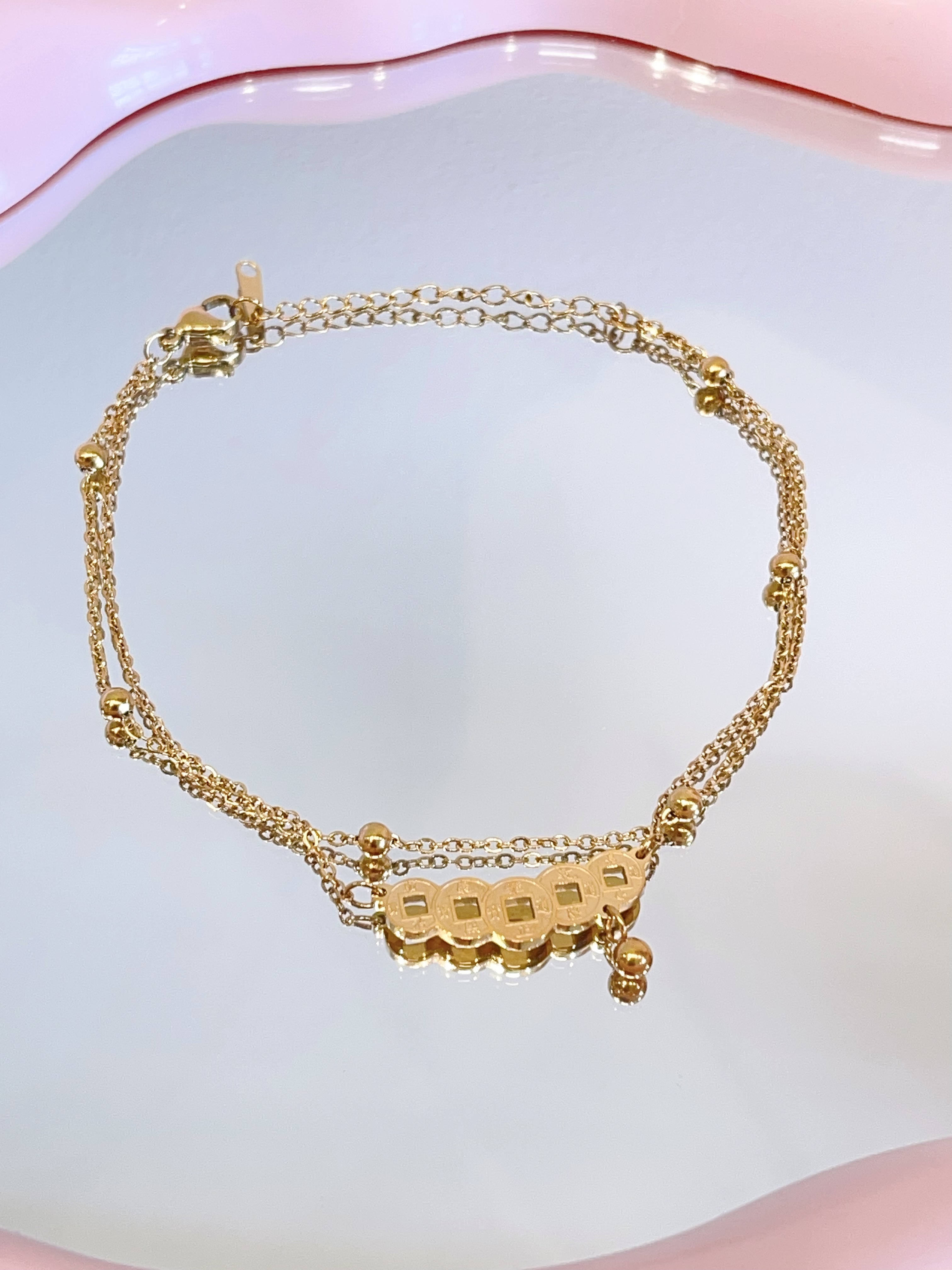 新中式铜钱双层钛钢脚链