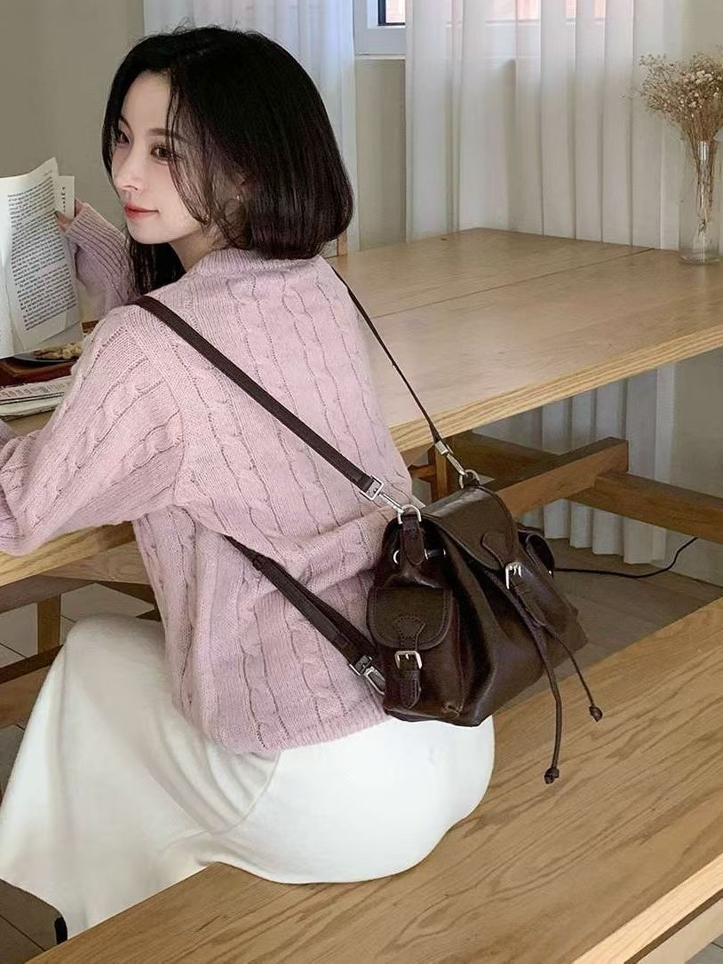 MILAE 多功能兩用復古後背/單肩抽繩皮革包