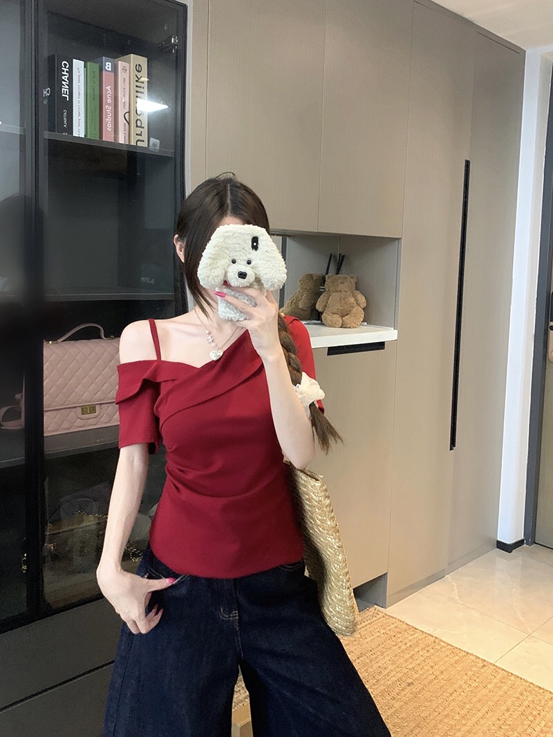 B133(A1813) 韩系爆款纯欲风交叉折边领单边露肩吊带5色上衣