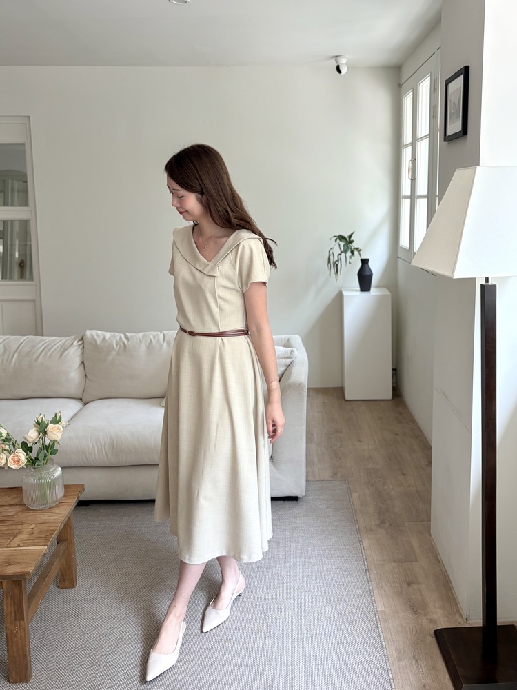 Sailor Collar Belted Dress (Beige)