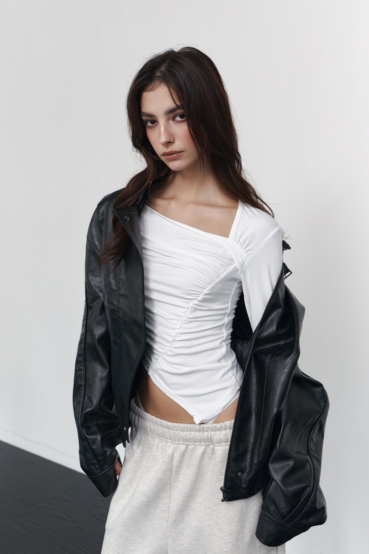 pleaseNOFOLLOW - Sadie Unbal Shirring Long Sleeve Top (White)
