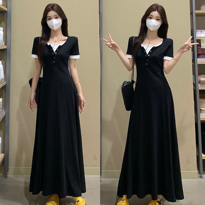 B93(008) 韩版气质休闲假两件小钮边开口显瘦领黑连身裙