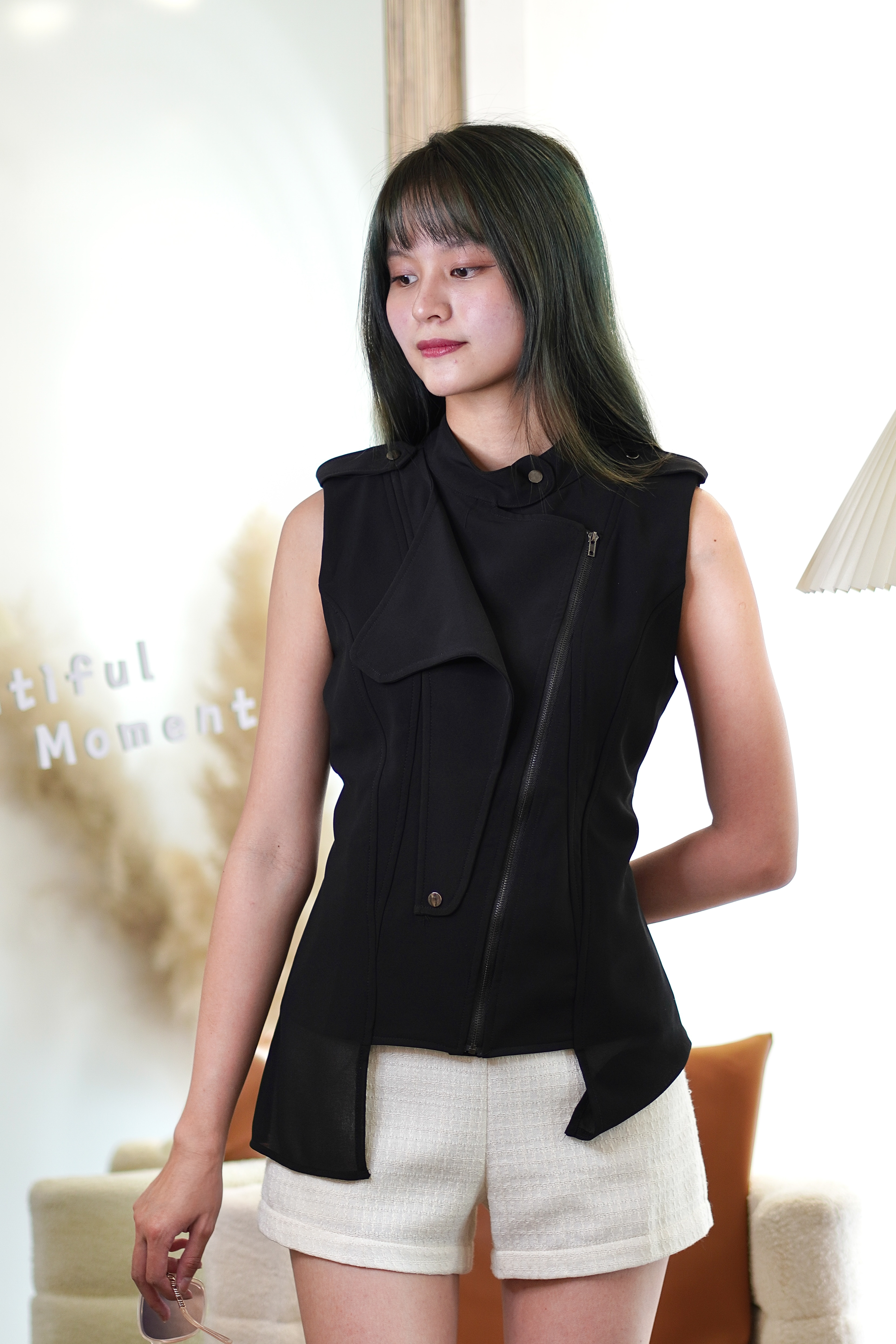 2300701 Noir Asymmetry Zip Vest Top