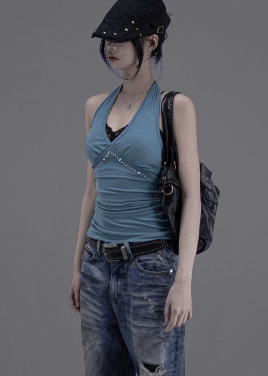 Studded Ruched Halterneck Top